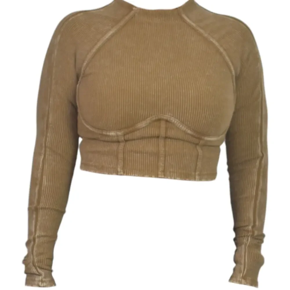 Fashion Nova Corset Crop Top Brown Washed Ribbed Long Sleeve Bustier Size Medium - Picture 11 of 15